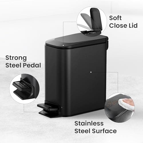 Cesun Small Bathroom Trash Can with Lid Soft Close, Step Pedal, 6 Liter / 1.6 Gallon Stainless Steel Garbage Can with Removable Inner Bucket, Anti-Fingerprint Finish (Matt Black) - Thumbnail 4