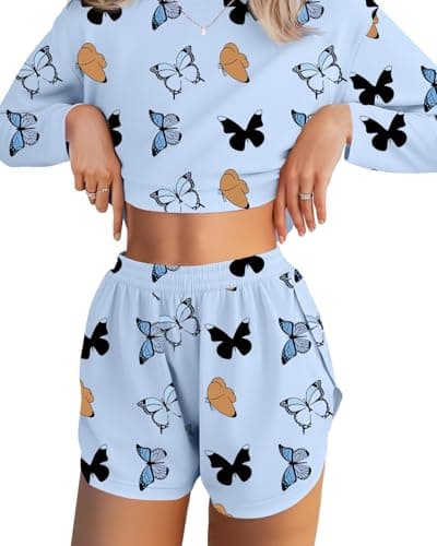 JUSTFASHIONNOW Womens Pajama Sets Long Sleeve Top and Split Shorts Butterfly Print Two Piece Lounge Set Cozy Loungewear Crew Neck Sleepwear Soft Pjs Fall Winter Cute Outfits (Blue, Small) - Image 1