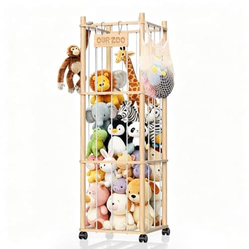 Stuffed Animal Storage Organizer, Wooden Plushies Toy Zoo Holder with Wheels, Large Capacity Storage Tower for Toys, Mobile Toy Holder Cage for Kids Playroom, Nursery, Toddler Room, 3 Tier, Natural - Image 1