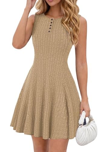 Lazysmile Summer Sleeveless Dresses for Women Crewneck Button Down Ribbed Knit A Line Casual Short Dress Khaki - Image 1