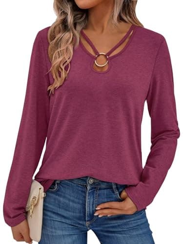 2025 Women's Long Sleeve Tops Keyhole Neck Detail Crew Neck Shirts Ring Cut Out Design Stretchy Tees (US, Alpha, Medium, Regular, Regular, Wine Red) - Image 1