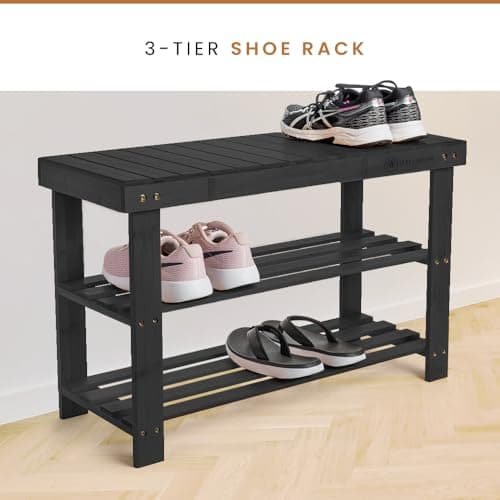 Leaf & Grain Bamboo Shoe Rack - Shoe Storage Bench for Front Door Entrance – Entryway Bench with Shoe Shelf, Shoe Storage Organizer, Wooden Shoe Rack, Durable Shoe Bench for Home (Black) - Thumbnail 4