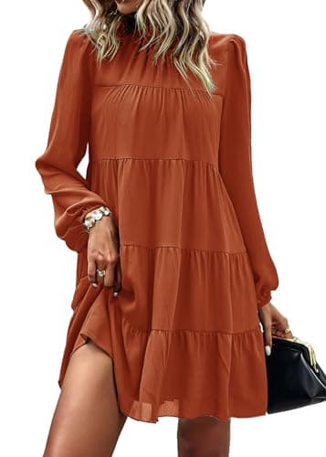 KIRUNDO Long Sleeve Baby Doll Dresses Women 2026 Casual Spring Summer Ruffle Mock Neck Tiered Mini Flowy Swing Shift Dress(Brunt Orange, X-Large) - Image 1