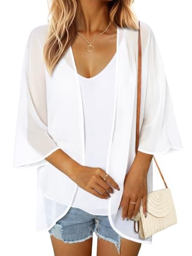 GKBK Women's Floral Print Puff Sleeve Kimono Cardigan Loose Blouse Beach Cover Up Casual Tops Trendy Swimsuit White M - Image 1