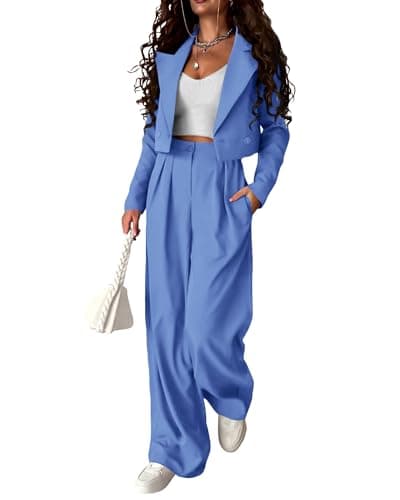 KIRUNDO Two Piece Sets for Women Fall 2025 Cropped Blazer Wide Leg Work Pants Business Professional Office Attire(Sky Blue, Large) - Image 1