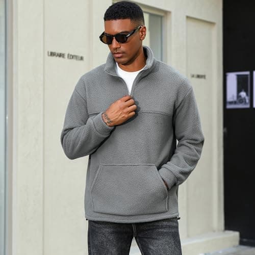 ZAFUL Mens 1/4 Zipper Fluffy Polar Fleece Pullover Sweatshirt Printed Kangaroo Pocket Fall Winter Unisex Hoodie Tops Gray L - Thumbnail 2
