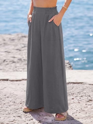 NIMIN Women Wide Leg Palazzo Pants High Waisted Casual Lounge Pants Flowy Loose 2026 Summer Beach Vacation Outfits Dressy Trousers with Pockets Dark Grey - Thumbnail 3
