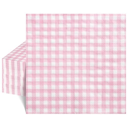 NatNarr 80 Pcs Pink Gingham Napkins, 6.5X6.5 Inch Pink and White Checkered Napkins Plaid Cocktail Napkin for Baby & Bridal Shower, Picnic, Mothers Day - Image 1