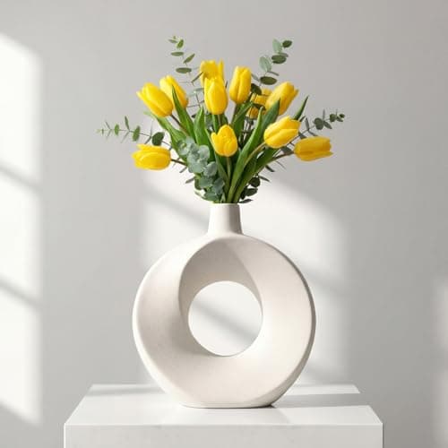 DSYSMIN 10.24" White Ceramic Donut Vase for Pampas Grass - Modern Speckled Matte Circular Hollow Vase, Minimalist Japandi Style Flower Vase for Living Room, Mantel, Kitchen (Watertight & Handmade) - Image 1