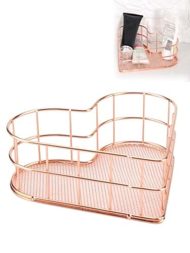 Rose Gold Wire Storage Basket, Metal Mesh Organizer for Desk/Cosmetic/Bathroom/Laundry Room, Decorative Bin with Heart Pattern, Sturdy & Multi-Purpose for Home Organization - Image 1