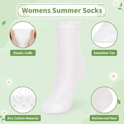 FunisFun 6 Pairs Womens Summer Socks, White Crew Thin Ankle Socks for Women Girls Daily Wear Casual Dress (US, Alpha, One Size, Regular, Regular, White-6Pairs) - Thumbnail 4