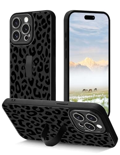 Aitipy Cheetah Phone Case Compatible with iPhone 14 Pro, with Leopard Print Finger Hand Strap Kickstand Shockproof Full Camera Protection Soft TPU Protective Cover for Women Girls, Black