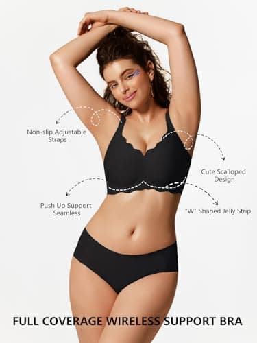 COCOMARTS Jelly Bras for Women No Underwire Scalloped Push Up Wireless Bralettes Seamless Soft Comfort Everyday Tshirt Bra Black 3X-Large - Thumbnail 5