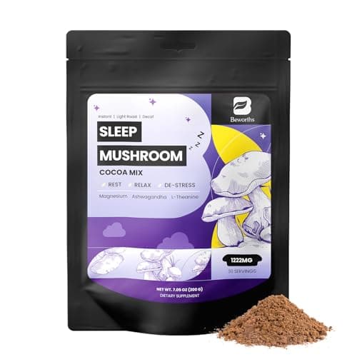 B BEWORTHS Mushroom Hot Cocoa, 10 - Blend Mushroom Extract Complex with Sleep Support Formula, Ashwagandha, L-Theanine, Lemon Balm, GABA, Melatonin, Support Fall Asleep and Stay Asleep, 30 Servings - Image 1