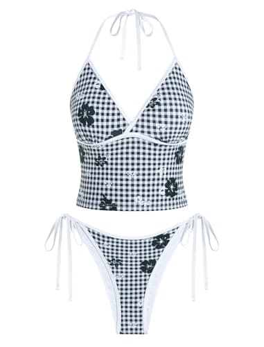 Jillumi Tankini Swimsuits for Women Cute Halter V Neck Cute Bathing Suits Tie Side High Cut Bikini Swimsuits 2 Piece Swimsuit (Black White Plaid XL) - Image 1