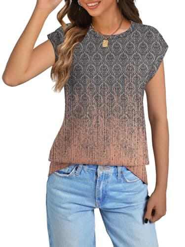 NORACORA Womens Spring Summer Cute Floral Tops Crew Neck Shirts Short Sleeve Tunic Basic Blouses Loose Tops Party Cap Sleeve T Tshirts Grey Pink Gradient XL - Thumbnail 2