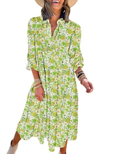 Dokotoo Womens Dresses Fashion Summer Clothes Elegant V Neck Long Sleeve Boho Dress Floral Casual Club Ruffle A Line Flowy Green Plus Size Dresses for Curvy Women Beach Vacation Essentials Medium - Image 1