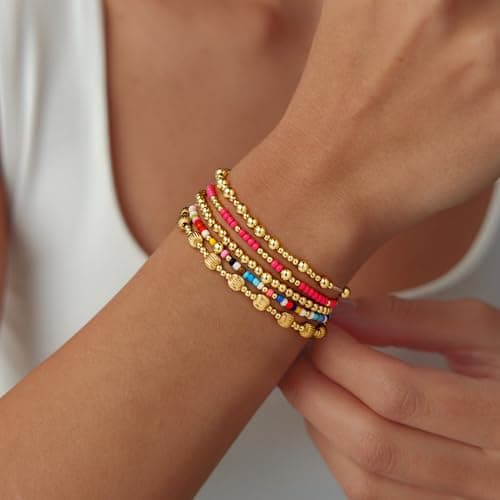 Turandoss 5PCS Gold Beaded Bracelets for Women Jewelry Gifts - Dainty 14K Gold Plated Bead Ball Bracelets for Women Colorful Beaded Stretch Bracelet Birthday Jewelry Gifts for Her Mom Daughters - Thumbnail 2