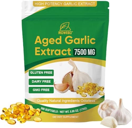 RIOWEGO Aged Garlic Extract Softgels,Odorless Allium Sativum 7500mg Antioxidant Supplement for Heart & Immune Support, Vegetarian, Non-GMO,2 Year Matured for Antioxidant Wellness-300 Count - Image 1