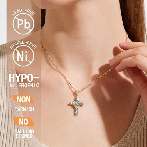 Helirose Heart Cross Necklace for Women, 18K Gold Plated CZ Faith Pendant, Anti-Tarnish Hypoallergenic Jewelry, 20" Adjustable Chain, Ideal for Birthday, Anniversary, Mother's Day, Everyday Wear (Blue-Gold) - Thumbnail 4