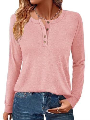 GKBK Womens Henley Tops Long Sleeve Shirts Button Pullover Loose Fit Henley Neck Lightweight Tunic Blouse Pink M - Image 1