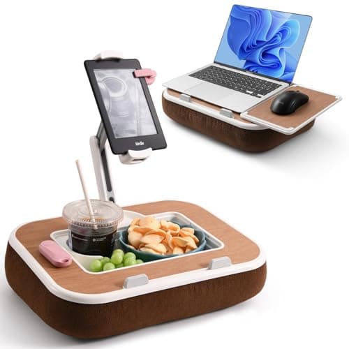 Tablet Pillow Stand with Snack Bowl, 360° Rotating Laptop Lap Desk for 4.7-13" Kindle/Tablet/Phone, 11-15" Laptop, Pillow Kindle Holder for Hands-Free Reading in Bed, Couch,Floor Etc-Wood Grain - Image 1
