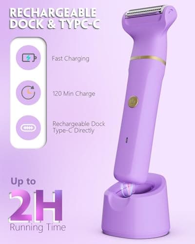 Bikini Trimmer for Women - Painless Electric Razors-Cordless Body Shaver for Trip,Replaceable Lady Facial Razor, IPX7 Waterproof&Easy Cleaning, Ceramic Blade, USB Charge Purple - Thumbnail 3