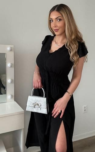 Womens Summer Midi Dresses Casual V Neck Cap Sleeve Empire Waist Elegant 2026 Flowy Solid Long Dress with Pockets B L Black - Thumbnail 5