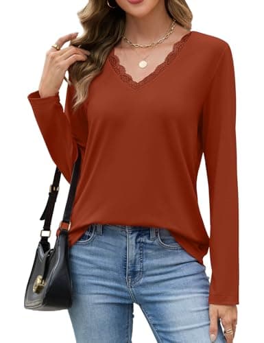 JUSTFASHIONNOW Lace Long Sleeve Tops for Women V Neck T Shirts Business Casual Blouses Cute Tunic Tops Trendy Comfy Tee Winter Outfits 2025 (Caramel,Large) - Thumbnail 2