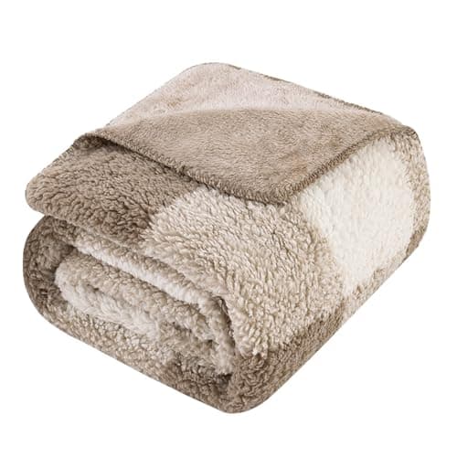 LURKA Checkered Sherpa Fleece Throw Blanket – Soft and Cozy, Medium Weight for All Season, Plush Throw for Couch, Bed & Pets, Khaki, 50x60 Inches - Image 1