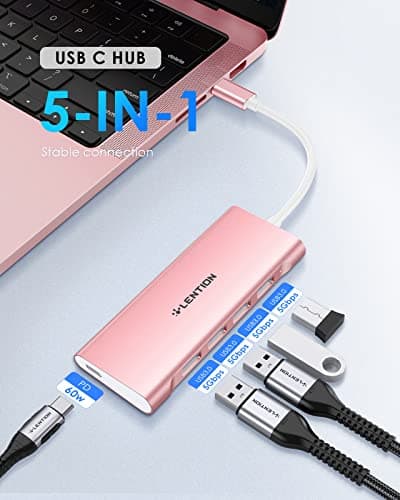 LENTION USB C Hub with 4 USB 3.0 & Type C Charging Compatible 2025-2016 MacBook Pro, 2025-2018 Mac Air, New Surface, Chromebook, More, Stable Driver Certified Type C Multiport Adapter (Rose Gold) - Thumbnail 2