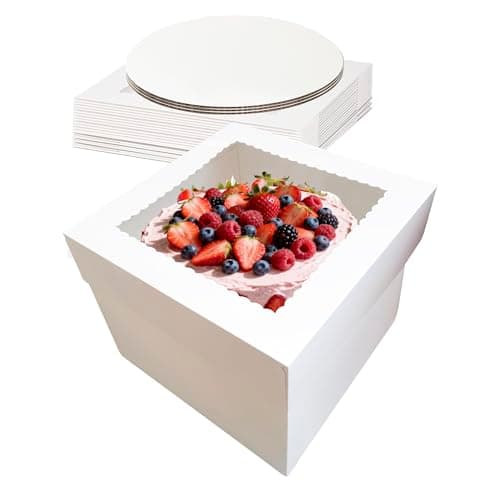 5 Sets Cake Boxes,10x10x8 Inch Tall Cake Box with Cake Boards 10",Disposable Cake Containers with Lids,White Bakery Boxes with Large Window,for Layer Cakes,Pies,Donuts,Cookies,Wedding,Birthday,Party - Image 1