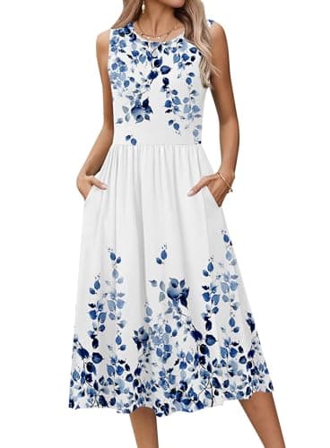 HOTOUCH Womens Long Dresses Summer Midi Tshirt Dress 2026 Sleeveless Casual Beach Sundress Floral Loose Spring Tank Dresses with Pockets Flowy Swing Pleated Dress - Image 1