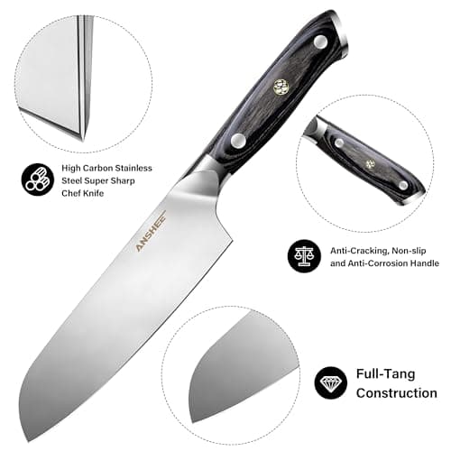 ANSHEE 7 Inch Japanese Santoku Knife-Full Tang High Carbon Stainless Steel Professional Chef Knife, Multipurpose Kitchen Blade with Wood Handle&Sheath/Gift Box for Meat, Veggies,Fruits Home&Restaurant - Thumbnail 5
