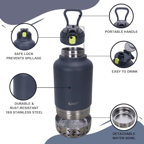 GiNT 37oz Insulated Stainless Steel Dog & Human Water Bottle | Leakproof Travel Dispenser with Detachable 10oz Bowl, 24H Cold/12H Hot, Carrying Case for Walking, Hiking, Camping & Outdoor Travel - Thumbnail 2
