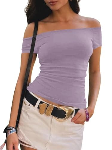 Imily Bela Womens Off The Shoulder Tops Short Sleeve Top Quick Dry T Shirts Trendy Y2k Going Out Crop Tops Slim Fit 2025 Violet - Image 1