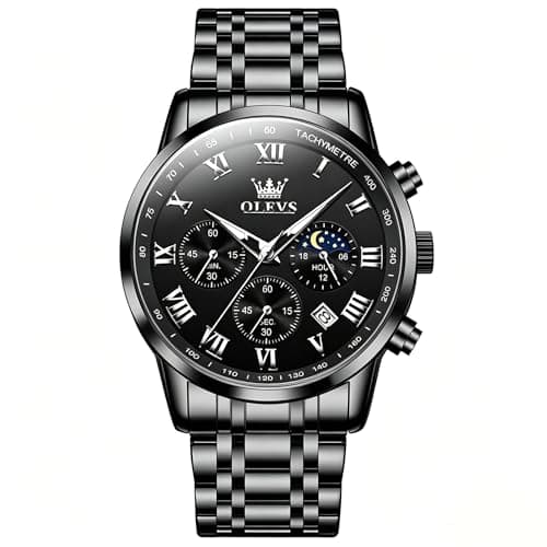 OLEVS Watch Men Luxury Black Watches for Men Dress Luminous Waterproof Analog Quartz Mens Watches with Date Fashion Stainless Steel Large Face Chronograph Moon Phase Classic Wrist Watch for Man