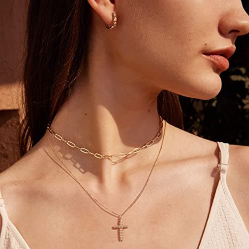 Valloey Rover Gold Cross Necklace for Women 14K Gold Plated Chain Necklace Dainty Gold Cross Pendant Necklace Simple Cute Necklaces for Women Christian Faith Necklace Jewelry (Style 13) - Thumbnail 3