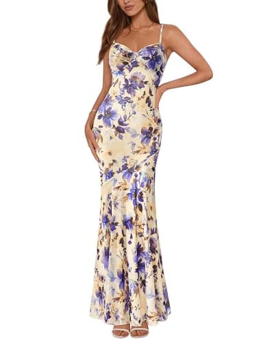 BTFBM Summer Dresses for Women 2026 Spaghetti Straps Sundress Twist Knot Mesh Mermaid Wedding Guest Dress Beach Vacation(Floral Apricot Blue, Large) - Image 1