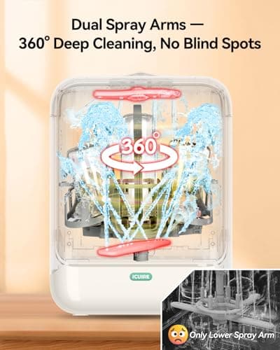 ICUIRE Baby Bottle Washer and Sterilizer and Dryer, 131-167°F High Temperature Sterilize for Baby Stuff, 3.2L Water Tank to Clean Bottles, Pump Part &Pacifiers&Bowl, Newborn Parents One-Hand Operation - Thumbnail 6