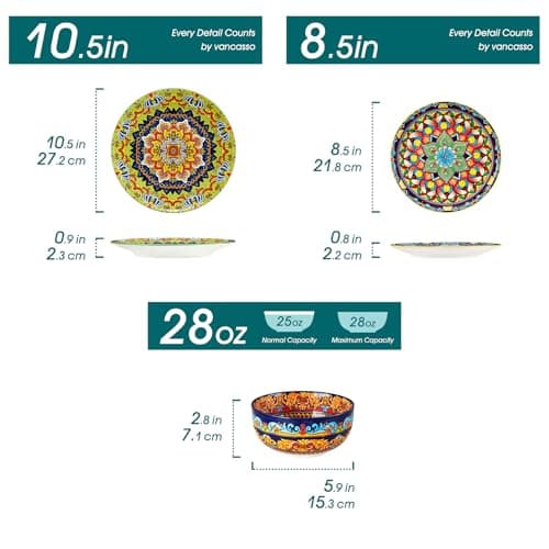 vancasso Plates and Bowls Sets,12-Piece Porcelain Dinnerware Set Service for 4, Bohemian Style Dishes Set for 4, Kitchen Dinner Set, Microwave and Dishwasher Safe, Scratch Resistant, Series KRVI - Thumbnail 2