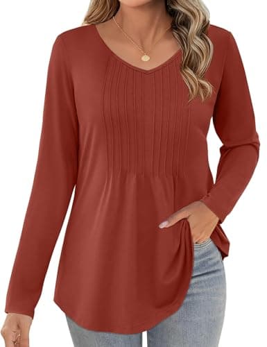 JUSTFASHIONNOW Long Sleeve Tops for Women Fall Shirts V Neck Trendy Ladies Casual Tunic Pleated Blouse Dressy Business Outfits Caramel Tops for Leggings (Caramel, Small) - Thumbnail 3