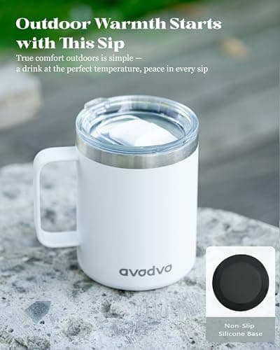 avodvo 12oz Insulated Coffee Mug with Lid – Includes Two Lids, Stainless Steel Coffee Travel Mug with Handle, Double Wall Vacuum Insulated Camping Mug for Home, Office & Outdoor, White - Thumbnail 6