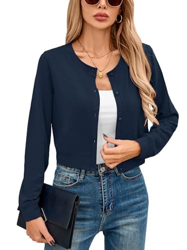 Heymoments Women Cropped Cardigan Bolero Shrug Navy Blue Small Button Down Long Sleeve Crewneck Casual Business Ladies Open Front Knit Lightweight Coat Fall Tops Sweater for Dresses Jean - Image 1