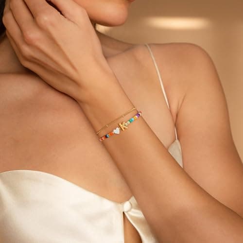 Eaciy Initial Bracelets for Women Easter Gifts for Teen Girls - Colorful Initial Bracelet Girl Jewelry Gifts 18K Gold Plated Letter K Bracelets for Women Tween Girls Trendy Stuff - Thumbnail 4
