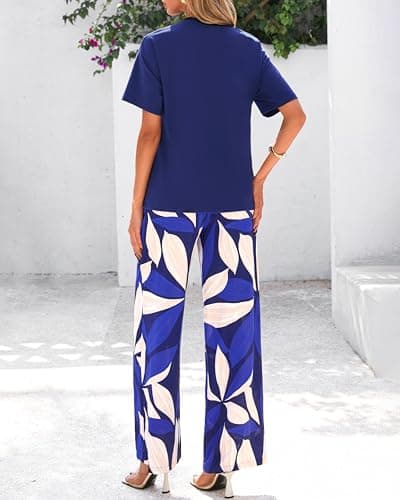 PRETTYGARDEN Women Summer 2 Piece Outfits 2026 Short Sleeve Knit Top Floral Print Belted Wide Leg Pant Sets With Pockets(Dark Blue Floral,Medium) - Thumbnail 5