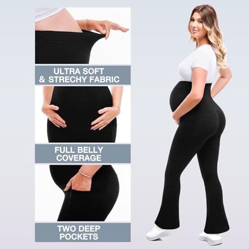 Leafigure Maternity Flare Leggings with Pockets Over The Belly Yoga Pants for Workout Soft Pregnancy Activewear Black L - Thumbnail 4