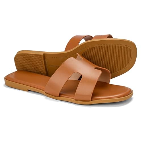 EcooInviv Women's Dressy Flat Sandals Comfortable Slip-On Slide Sandals Brown - Thumbnail 4
