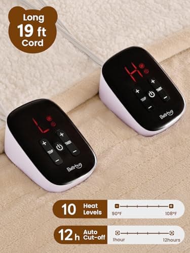 Bearhug Electric Blanket King Size 100" x 90", Dual Controller Heated Blanket Beige, Velvet & Sherpa, 10-Heat Levels & 1-12H Auto Off, 5 Year Warranty, Over-Heat Protect, ETL, Machine Washable - Thumbnail 3