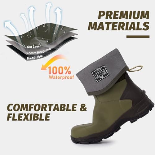Trudave Rubber Boots for Men with Steel Shank, Waterproof Mid Calf Mens Rain Boots, 5.5mm Neoprene Insulated Mud Work Boots for Garde - Thumbnail 5